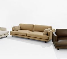 three different types of couches on a white background, one is beige and the other is brown