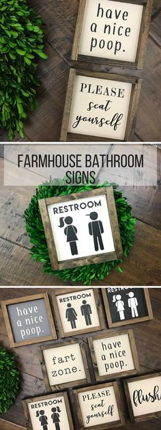 farmhouse bathroom signs are displayed on wooden planks with greenery in the background and below them