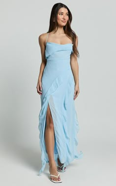 Connie Midi Dress- Ruffle Detail Dress in Blue | Showpo USA Light Blue Ruffled Evening Dress, Chic Bridesmaid Dresses With Ruffled Straps, Elegant Light Blue Maxi Dress With Ruffles, Blue Ruffled Dress For Wedding, Blue Ruffle Dress For Party, Light Blue Fitted Dress With Ruffles, Fitted Light Blue Dress With Ruffles, Blue Fitted Ruffle Dress For Party, Chic Blue Ruffle Dress For Party