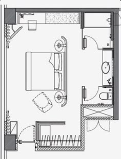 the floor plan for a bedroom and living room in a small apartment with an attached bathroom