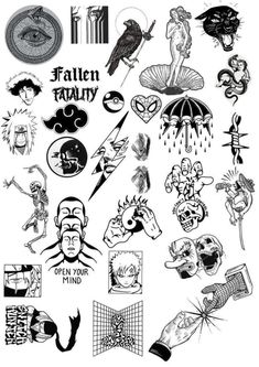 an assortment of tattoo designs on a white background with the words fallen family written in black