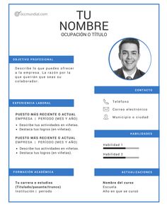 a blue and white resume template with a photo on the front, in spanish language