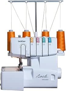 an image of a sewing machine with orange spools on the front and side