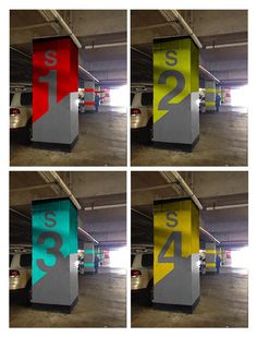 four different images of the same parking meter in an underground garage with numbers painted on them