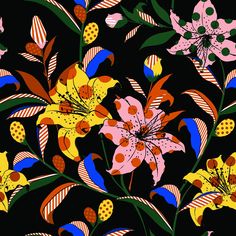 an image of a flower pattern on a black background that looks like it has been painted with acrylic paint