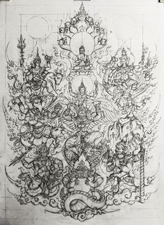 a drawing on paper with an image of buddhas and other things in the background