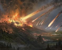 an artist's depiction of a massive explosion in the sky over a mountain range