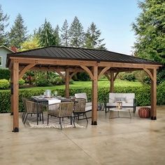 a covered patio area with chairs and tables