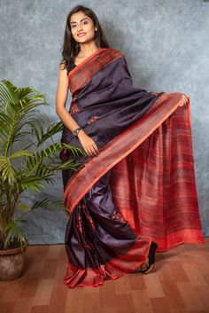 Traditional Block printing on Handwoven Navy Blue saree. Beautiful Kalka Motif in eye-catching contrast of deep navy blue and orange. Silk Mark certified product. Perfect for all kinds of celebration wear. COLOUR: Navy Blue and Orange   CRAFT: Hand Block printing DIMENSIONS: Saree length 6.5 Mts., Saree width 1.14 Mts. Blouse piece inclusive.   PATTERN: Kalka Motifs PRODUCT MATERIAL: Handwoven Pure Silk saree PRODUCT TYPE: Saree with Blouse piece WEIGHT: 350 g WASH INSTRUCTIONS: Dry Clean recommended for this product. Iron inside out. Do not bleach and expose this product to excessive heat and sunlight for long. Navy Blue Saree, Orange Craft, Block Print Saree, Saree Silk, Pure Silk Saree, Diy Fashion Clothing, Blue Saree, Pure Silk Sarees, Printed Sarees