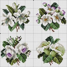 four cross stitch designs with white flowers and green leaves on the bottom, one is purple