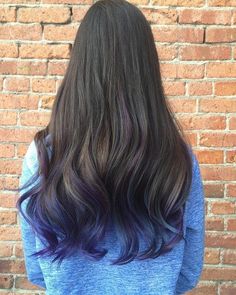 Long Dark Brown Hair With Purple Ends Dyed Ends Of Hair, Blue Brown Hair, Black Hair Ombre, Ombre Hairstyles, Dyed Tips, Hair Dye Tips