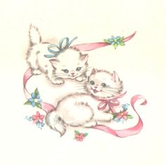 two white kittens with pink ribbon and bows on their heads, one is holding the other