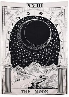 the moon tarot card with an image of mountains and stars in black and white