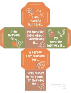 an origami box with thanksgiving sayings on the front and back, cut out into