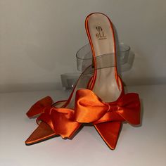 New , Never Worn ! From Europe. Chic Orange Synthetic Heels, Trendy Orange Heels For Party, Chic Orange Heels, Trendy Orange Party Heels, Casual Evening Heels With Bow, Chic Orange Low Heel Heels, Orange Heels For Spring Night Out, Chic Orange Low Heels, Chic Orange Evening Heels