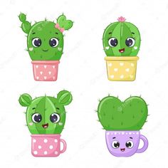 four cute cactuses with different faces in mugs, one is smiling and the other has