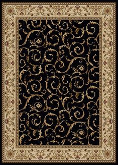 a black and beige rug with an ornate design on the bottom, gold trimmings