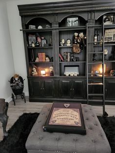 a living room filled with furniture and a book shelf next to a fire hydrant