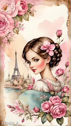 a painting of a woman with flowers in her hair and the eiffel tower in the background