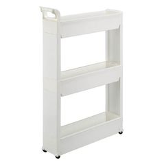 a white shelf with two shelves on each side