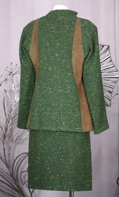 Geoffrey Beene Green Tweed Ensemble 5 Formal Tweed Fitted Skirt Suit, Spring Wool Tweed Fitted Dress, Spring Wool Tweed Dress, Spring Wool Tweed Dress Fitted, Spring Fitted Wool Tweed Dress, Elegant Green Skirt Suit For Fall, Formal Fitted Wool Tweed Dress, Fitted Green Long-sleeved Tweed Jacket, Fitted Green Tweed Dress For Fall