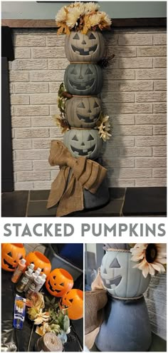 pumpkins stacked on top of each other in front of a brick wall