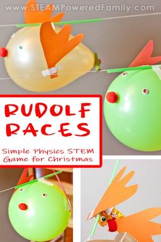 Rudolf Races are a fun and exciting Christmas STEM Game for all ages! Explore physics with balloon and learn more about Newton's Laws of Motion as you race Rudolf to save Christmas! Kids will love this fast paced, learning experience that gets them on their feet, moving, giggling and having fun, all while learning. A wonderful Christmas game for the whole family. #ChristmasSTEM #Physics #balloonrace #physicsforkids #balloongames Christmas Stem Activities, Newton's Laws, Holiday Stem, Elf Crafts, Balloon Race, Quick Projects, Disneyland Ears