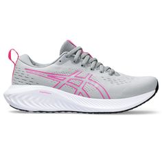 the women's asics running shoe is light grey with pink accents and white outs