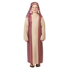 a child in a costume that is wearing a brown and red striped robe with hood