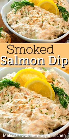 smoked salmon dip in a bowl with lemons and dill