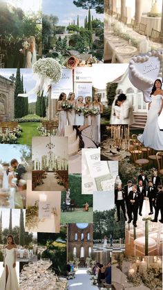 a collage of wedding pictures with people in formal wear and brides on the other side