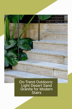 Close-up photo of light desert sand granite stairs with green plants, showcasing a beautiful outdoor design. Stone Products, Embrace Nature, Calming Atmosphere, Mosaic Pool, Desert Sand