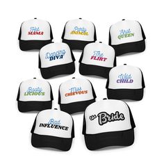 These girls trip hats are fun and flirty hats and perfect for your next girls weekend, girls trip or outing. Featuring 9 funny and beautifully embroidered sayings and also a style for the Bride in case you need these for your upcoming bachelorette party! Super fun to wear before, during and after the shenanigans.  Which one are you? The Bad Influence, Booty Licious, Dancing Diva, Hot Mama, Miss Chievous, Party Animal, Shot Queen, The Flirt or the Wild Child? 🤔 Stand out from the crowd with this trendy foam trucker hat! This head accessory is made with high-quality polyester and foam that guarantees a premium look and feel. The foam trucker hat has an adjustable snap that ensures a comfortable fit, and the mesh back provides great breathability. The matching color braid gives the hat an ex Bachelorette Trucker Hats, Bachelorette Party Funny, Girls Weekend Gifts, Funny Bachelorette, Gift Bachelorette Party, Funny Girls, Girl Gang