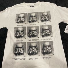 a white t - shirt with pictures of different helmets on it