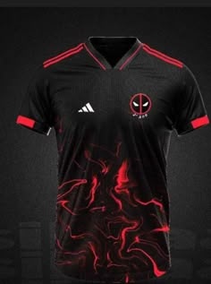 a black and red soccer jersey with flames on the chest, in front of a dark background