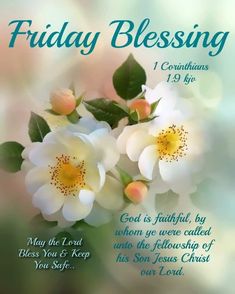 a white flower with green leaves and the words friday blessing