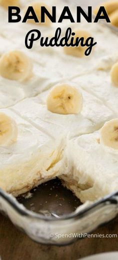 banana pudding in a glass baking dish with the words, how to bake bananas pudding