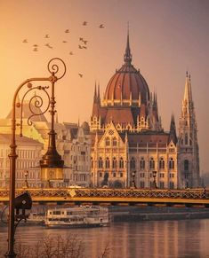 birds fly over the water in front of an ornate building