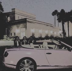 two people are sitting in the back of a convertible car with palm trees behind them