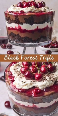 black forest trifle layered cake with whipped cream and cherries