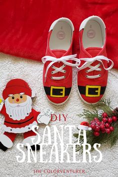 To celebrate Santa Claus coming to town, I created the cutest pair of Santa-inspired shoes that even the jolly, old St. Nicholas himself would give a round of Santa-plause to. 
Using some fabric paint and a pair of canvas sneakers, these Santa Sneakers are easy to create. Plus, they will add the perfect dash(er) of Christmas spirit to your holiday outfit, or make a fun gift for that shoe lover in your life!
Would you wear these Santa Sneakers? Painted Christmas Shoes Diy, Diy Mod Podge, Shoes For School, Diy Santa, Xmas Party