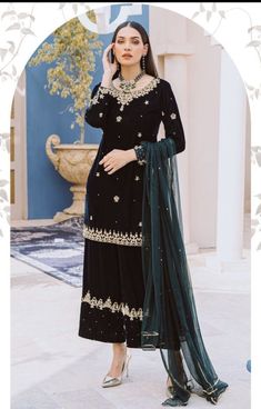 🌺Beautifull pure hand made customised outfit for wedding and party wear, We use high quality velvet fabric also organza and silk 🌺FABRIC:- black velvet kameez and palazo. 🌺PATTERN:- short kurta kameez and bottom palazo , dupatta net fabric 🌺WORK:- Light beige Golden Resham work embellished with shine zari, and sitara, work on the neck and fakir of the kameez and sleeves bottom, Palazo bottom worked with full beige gold Resham and zari work We customize the outfit according to your choice sha Gold Sharara With Dabka Detailing Floor-length, Gold Floor-length Sharara With Dabka, Gold Dabka Sharara Floor-length, Gold Dabka Embroidered Floor-length Sharara, Gold Dabka Floor-length Sharara, Embroidered Velvet Sharara For Festivals, Floor-length Gold Palazzo Set With Dabka Work, Elegant Gold Kundan Palazzo Set, Elegant Palazzo Set For Wedding