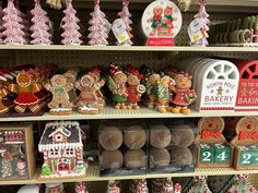 many different kinds of gingerbreads on shelves in a store