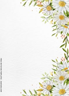 watercolor daisies and green leaves on white paper with space for text or image