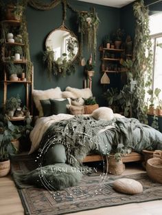 a bed room with a neatly made bed and lots of plants