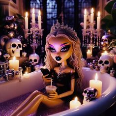 a doll is sitting in a bathtub with candles on the side and skulls all around