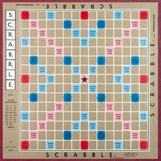 the scrabble board game is shown in red, white and blue squares with words on it