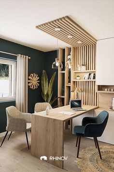 Un bureau vert et crème avec des tasseaux de bois Exterior Drawing, Desk Modern, Home Office Layout, Office Interior Design Modern, Paint Modern, Home Office Organization, Living Room Style, Office Interior Design