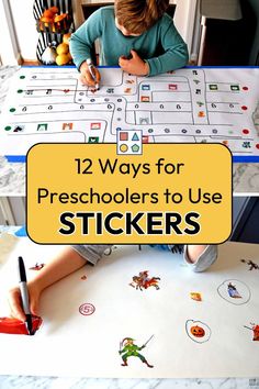 a young boy sitting at a table with stickers on it and the words 12 ways for preschoolers to use stickers