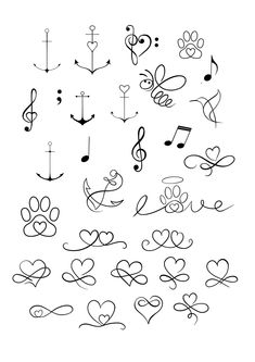 a set of various hand drawn hearts and musical notes